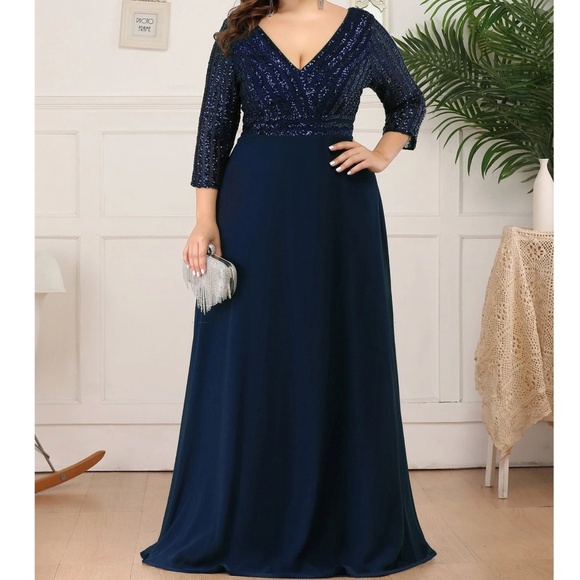 Plus sequin 3/4 sleeve Formal Prom Evening Party Wedding Dress - Picture 6 of 9